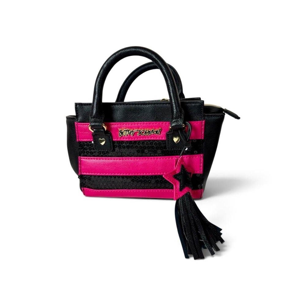 Betsey Johnson Mini Satchel Crossbody Bag Black Pink Striped Sequin Star Tassel